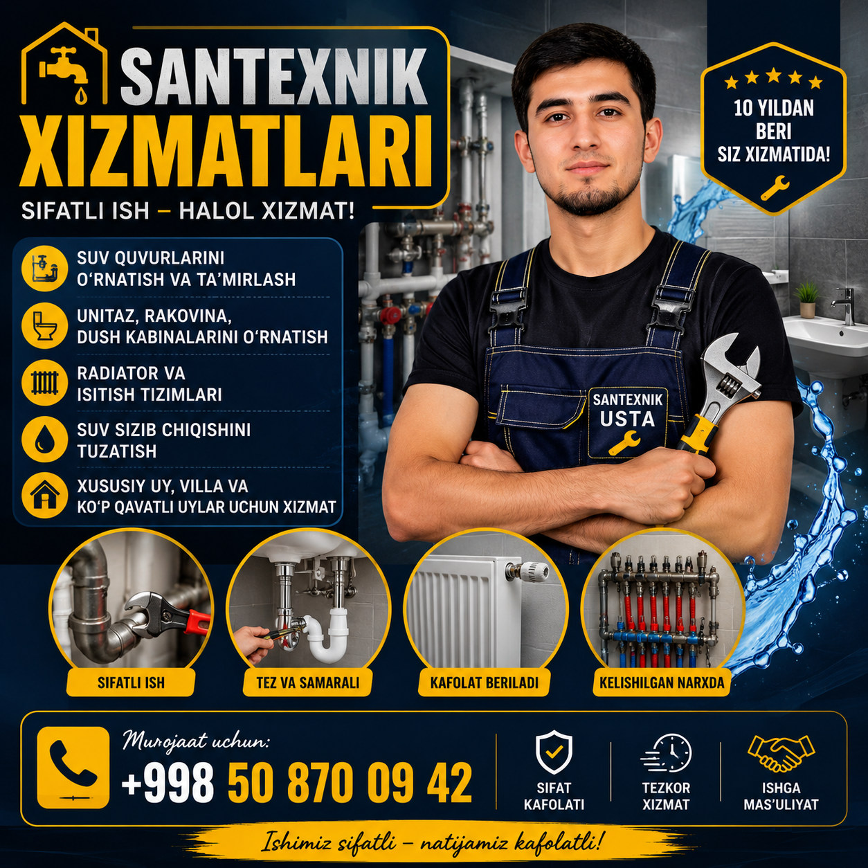 Santexnika montaj va ta’mirlash xizmatlari Suv va kanalizatsiya quvurlari unitaz rakovina dush va boshqa santexnika ishlarini bajaram